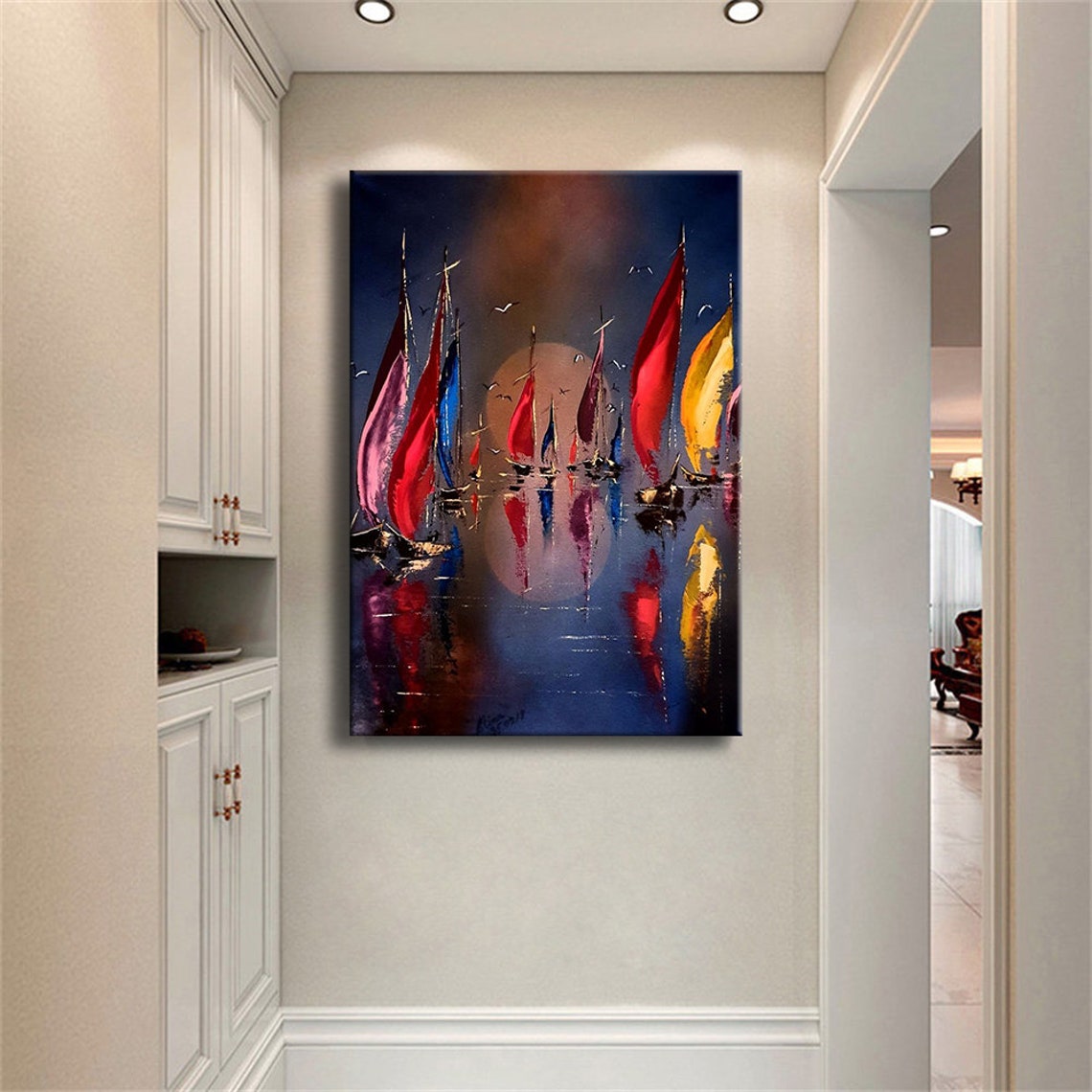 Sailing Ships Full Moon Night Colorful Sails Seascape Painting Poster - Image 2