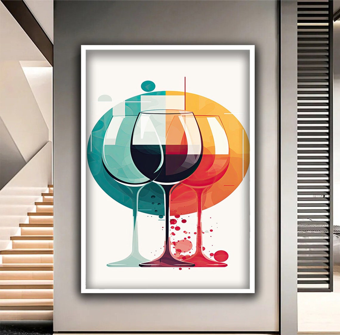 Abstract Wine Glasses Teal Orange Modern Kitchen Decor Art Poster - Image 3
