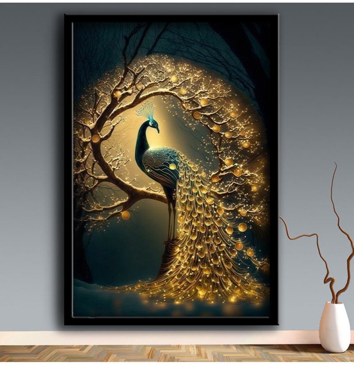 Golden Peacock Glowing Night Tree Magical Enchanted Bird Art - Image 3