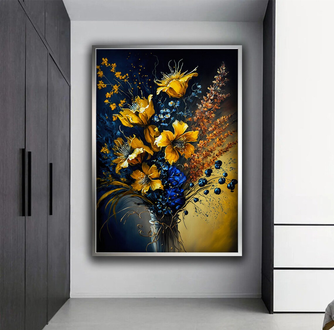 Gold And Blue Floral Bouquet In Vase Luxury Still Life Wall Art - Image 4