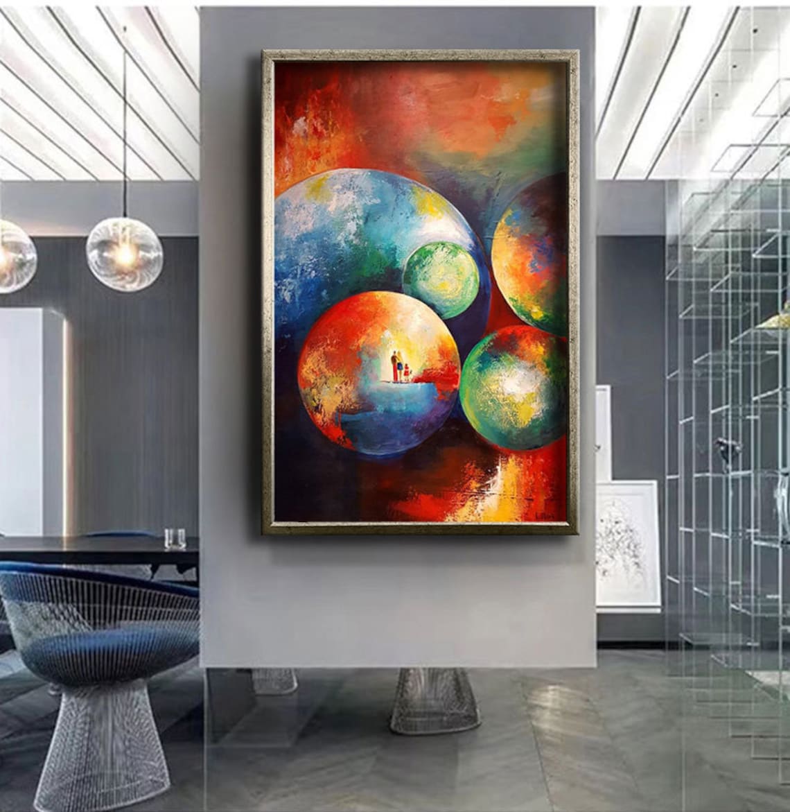 Colorful Cosmic Orbs Family Silhouette Abstract Modern Art Poster - Image 4