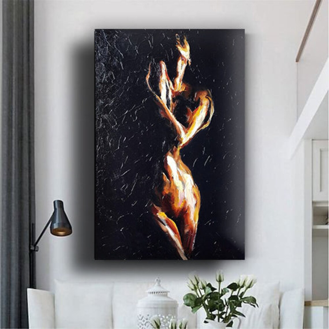 Fiery Nude Woman Dancing Flame Body Paint Black Background Modern Art Poster - Image 3