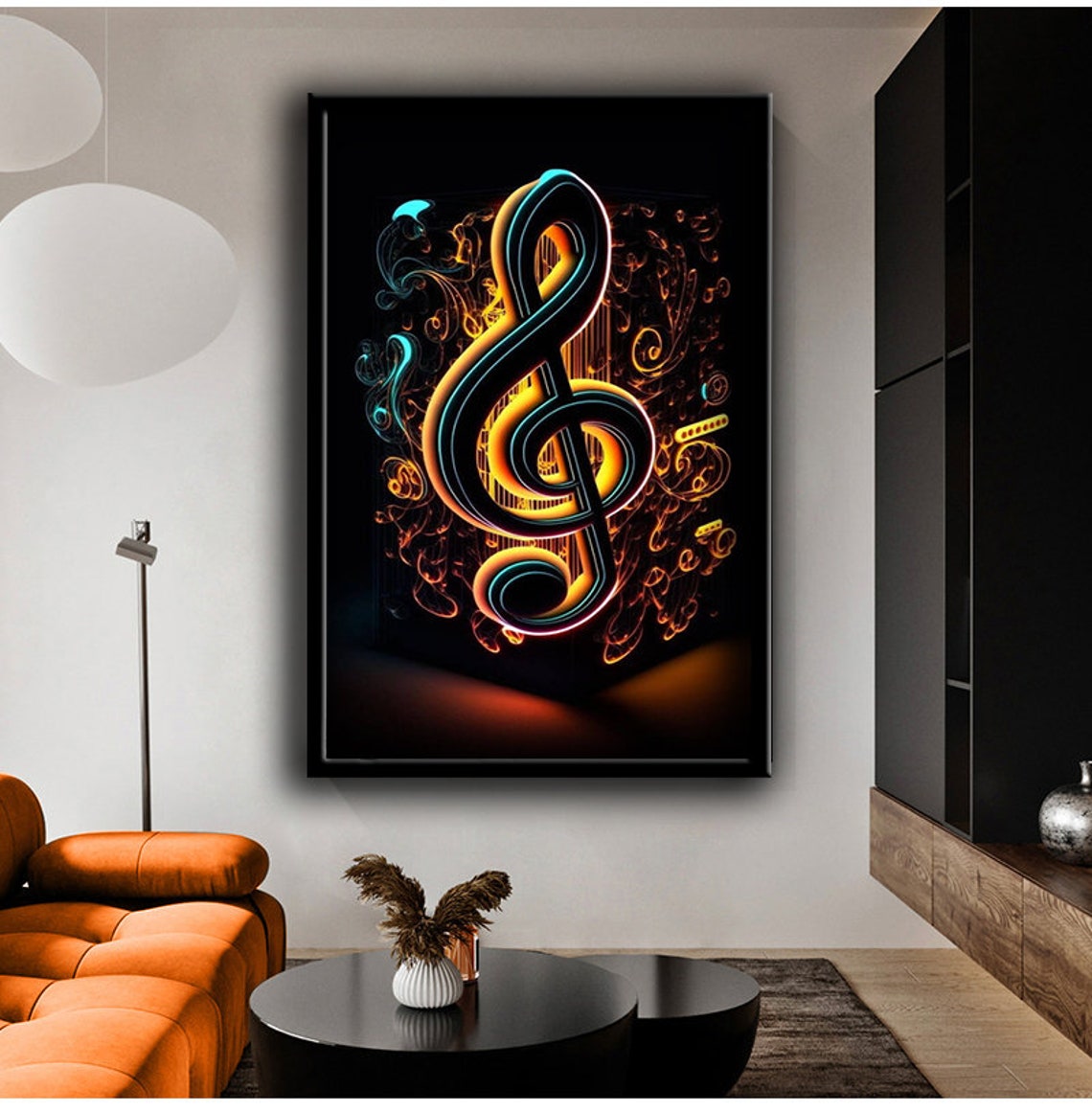 Glowing Neon Treble Clef Orange Teal Smoke Dark Background Art Poster - Image 4