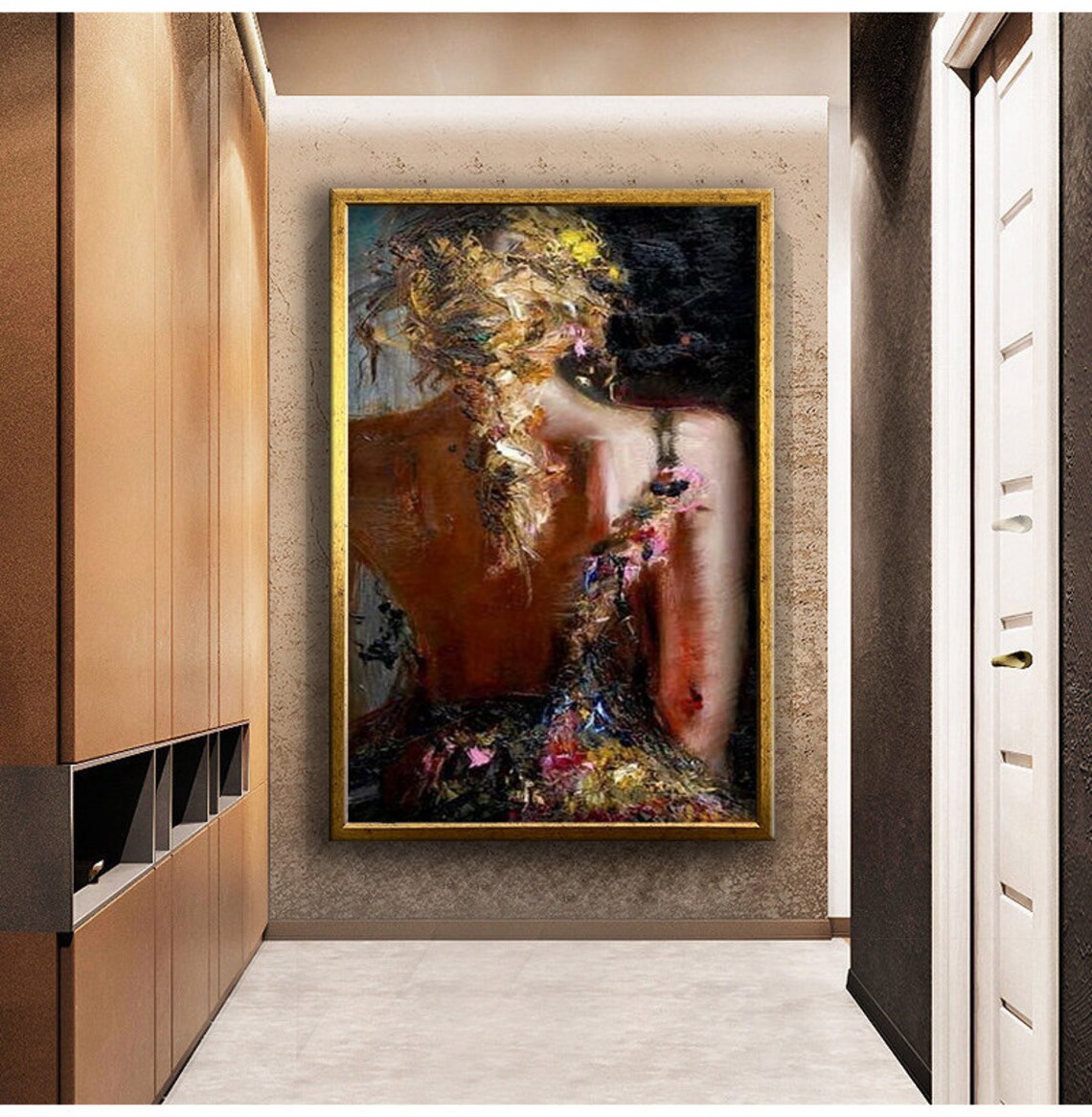 Abstract Oil Woman Back View Thick Impasto Texture Dark Art Poster