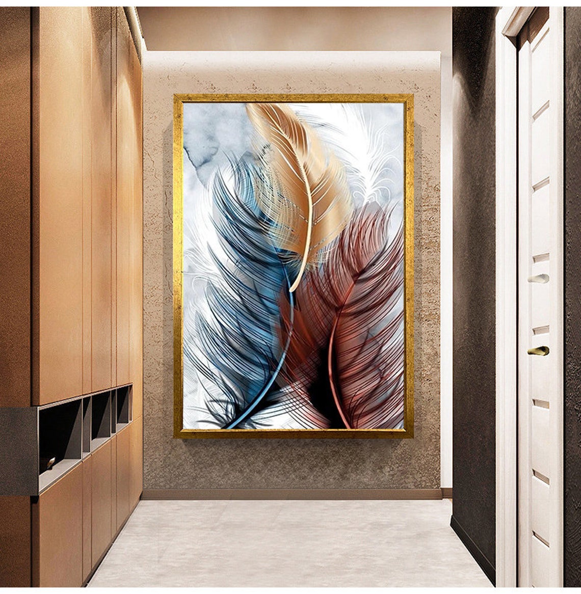 Colorful Feathers Blue Gold Rust Elegant Botanical Modern Art Poster