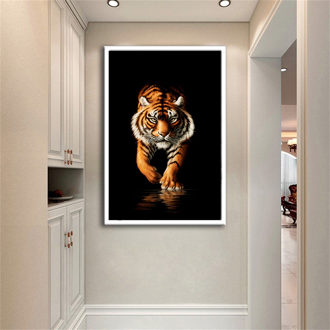 Tiger Emerging Darkness Prowling Realistic Black Background Poster - Image 3