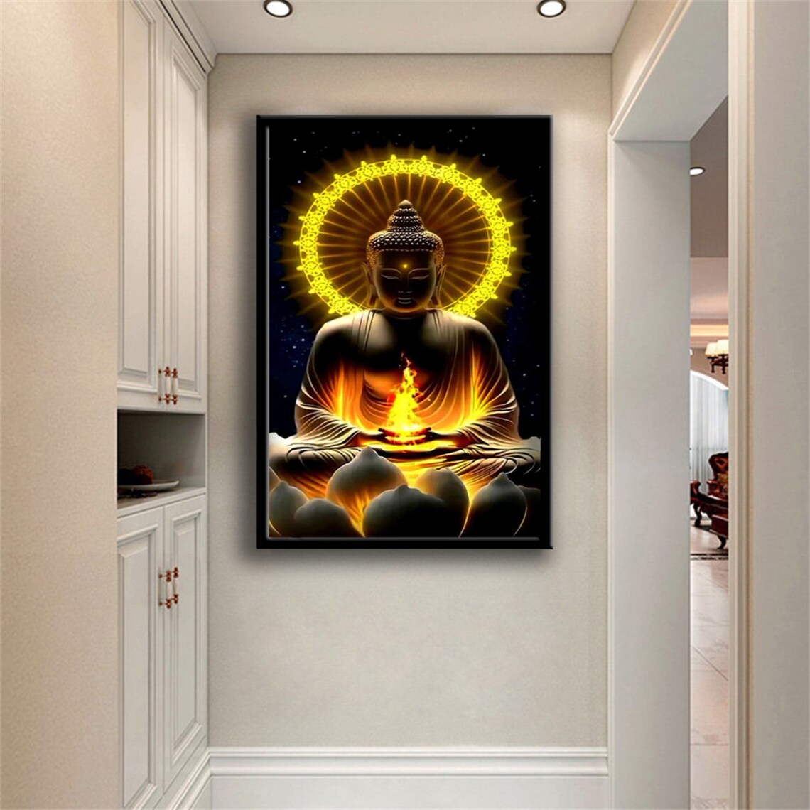 Golden Buddha Meditation Glowing Halo Spiritual Zen Wall Art Poster - Image 3