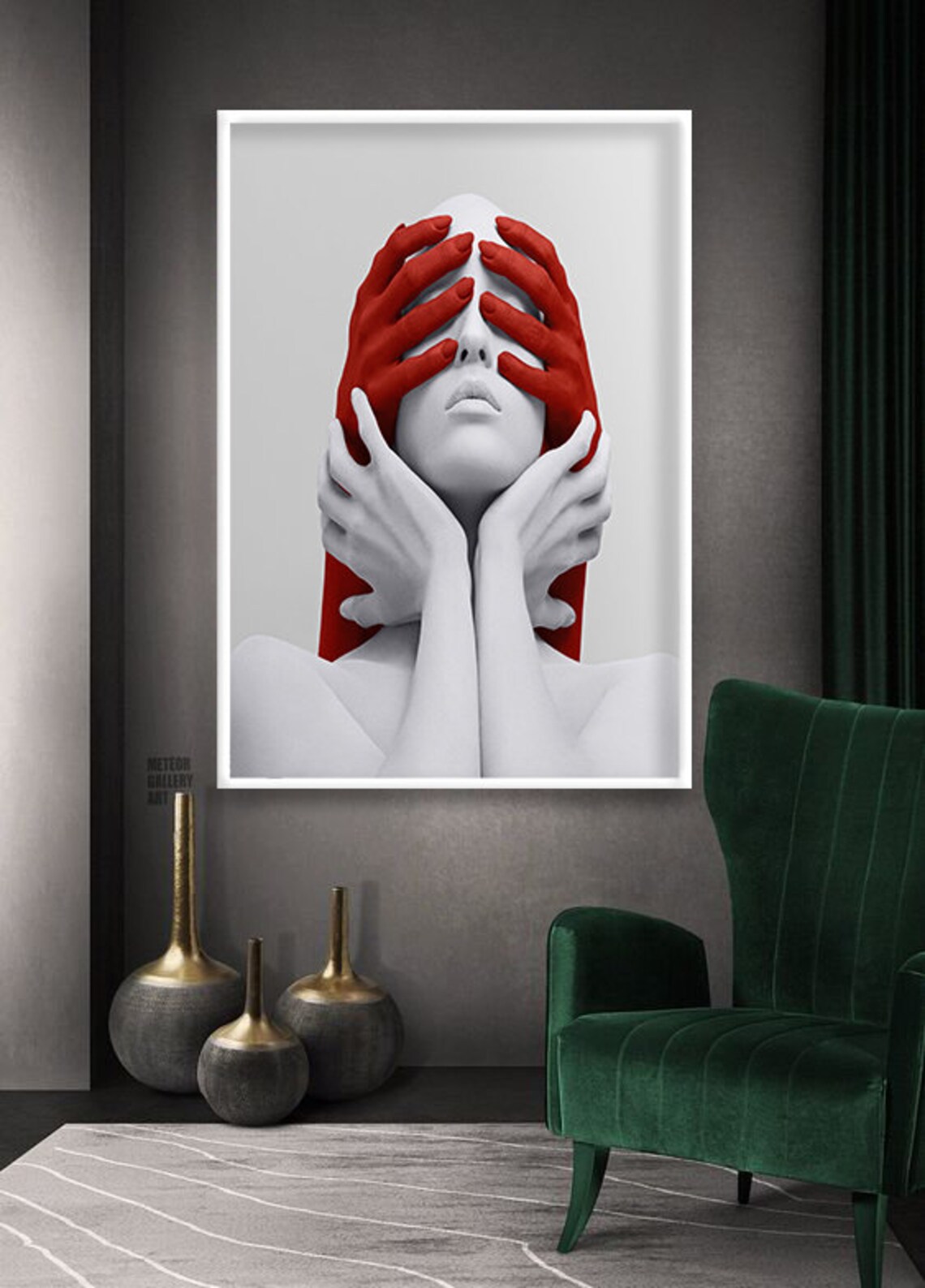 White Woman Face With Red Hands Over Eyes Surreal Red White Art Poster - Image 3