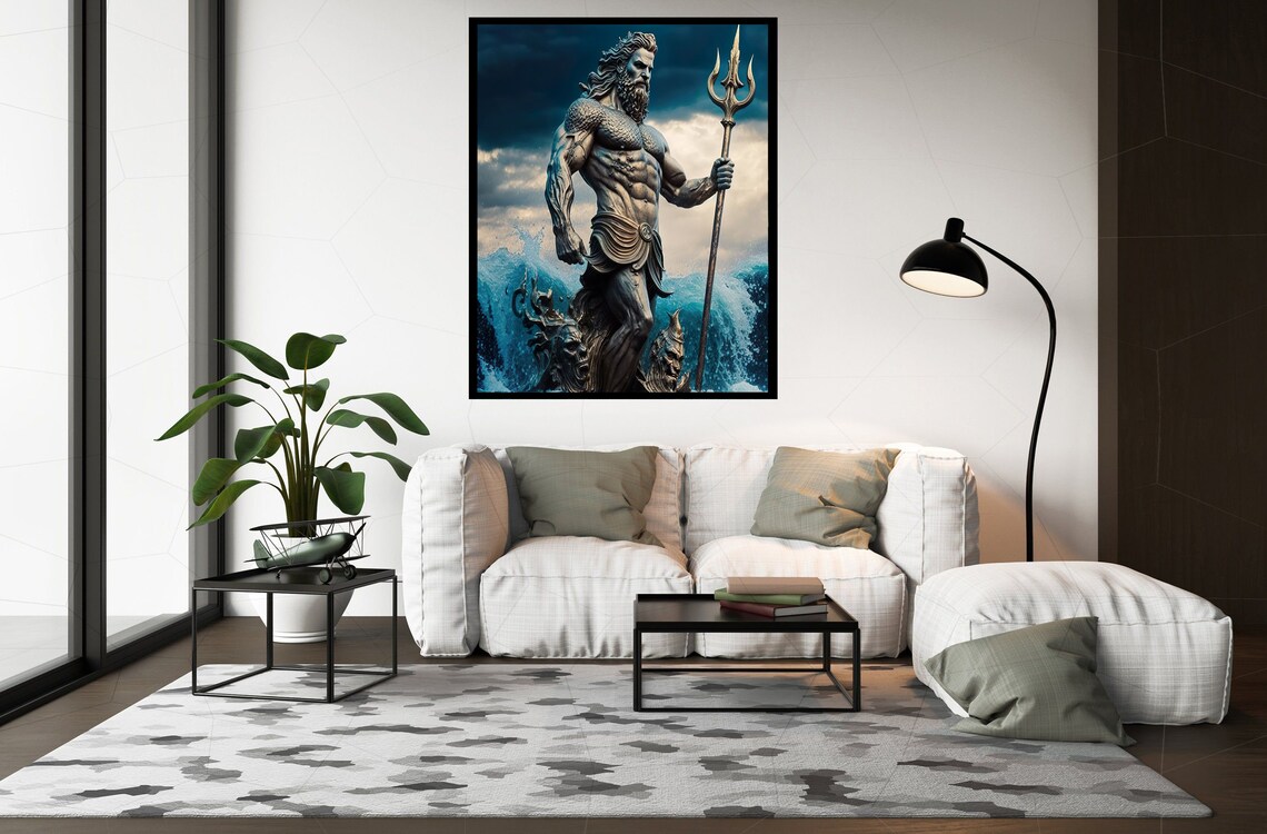 Poseidon God Of The Sea Bronze Statue Trident Stormy Ocean Art Poster - Image 2