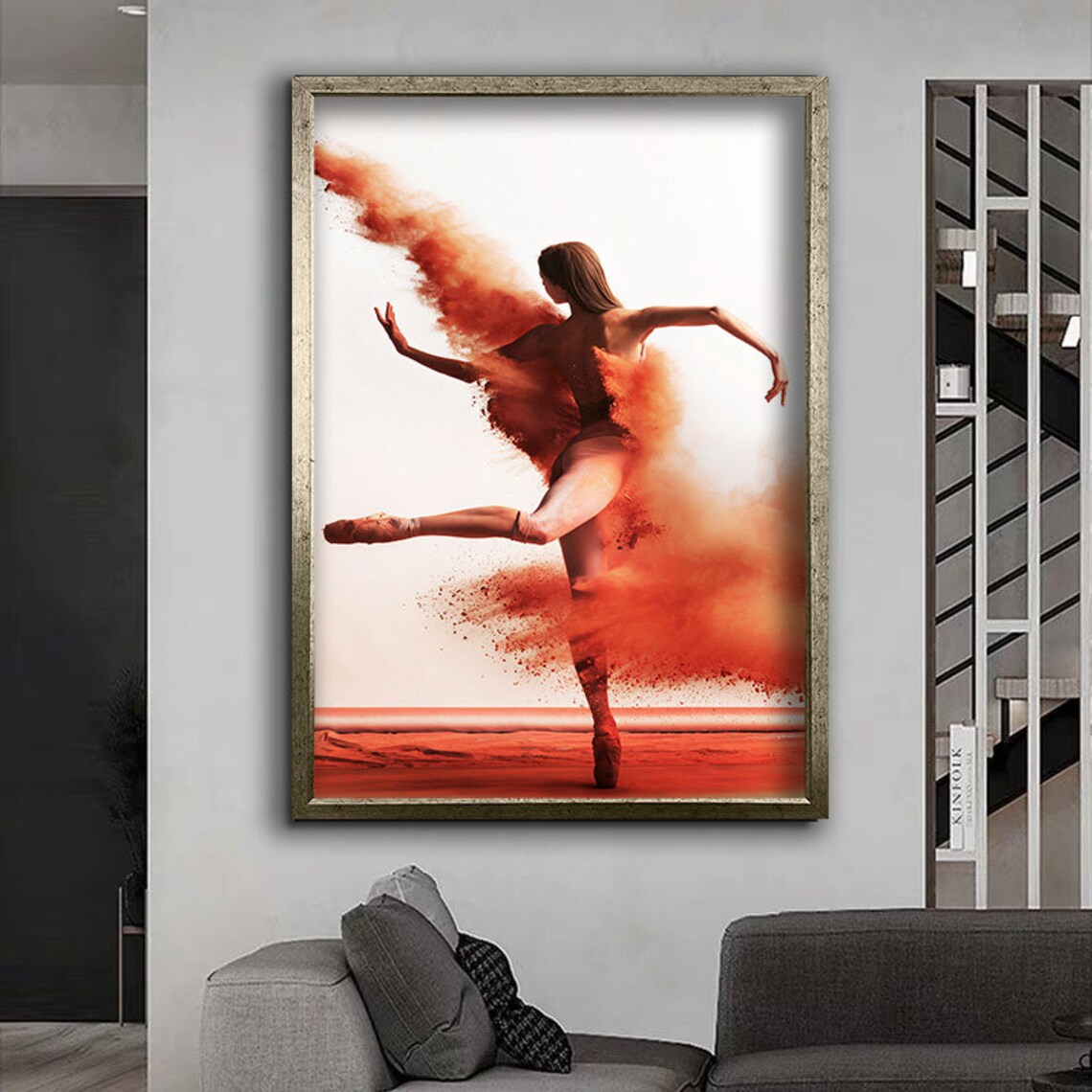 Ballerina Leaping In Red Dust Cloud Dance Motion White Background Poster - Image 4