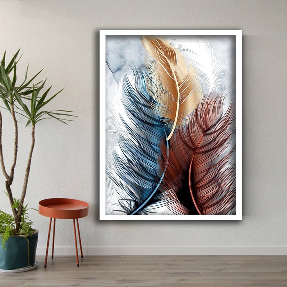 Colorful Feathers Blue Gold Rust Elegant Botanical Modern Art Poster - Image 3