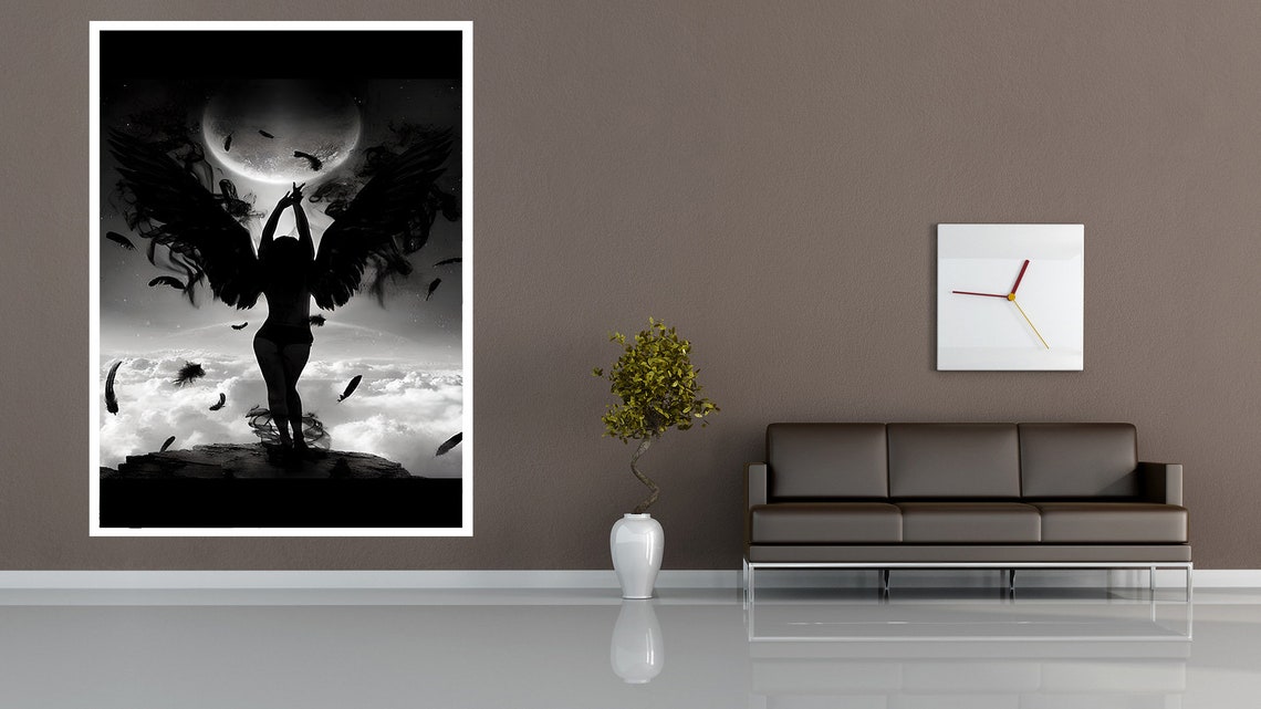 Black Winged Angel Woman Full Moon Dramatic Fantasy Night Poster - Image 3