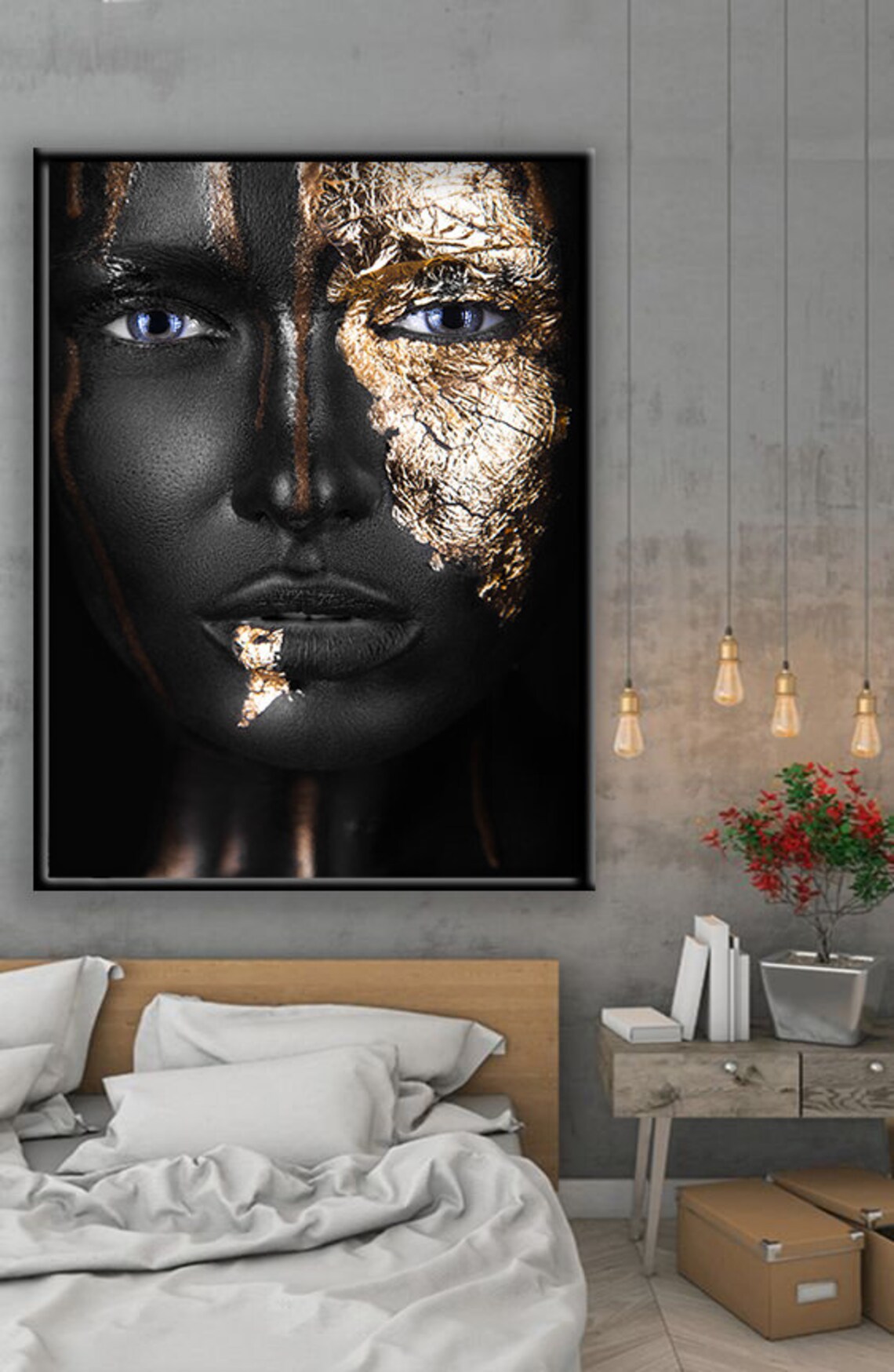 Black And Gold Leaf Woman Face Portrait Striking Modern Art Poster - Image 3