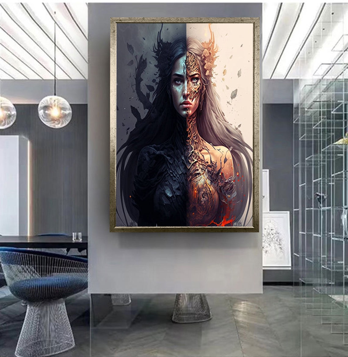 Split Face Dark And Light Woman Warrior Duality Fantasy Art Poster - Image 3