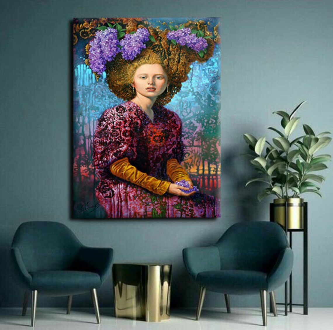 Renaissance Woman With Lilac Flower Crown Golden Curls Portrait Painting Poster - Image 2