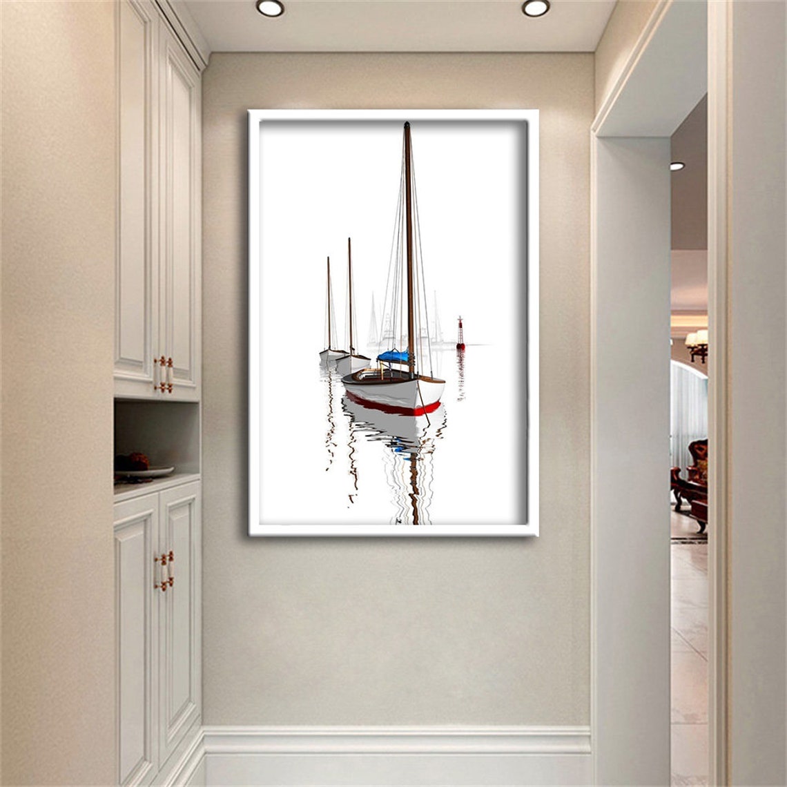 White Sailboats Red Hulls Minimalist Seascape Reflection Art Poster - Image 3