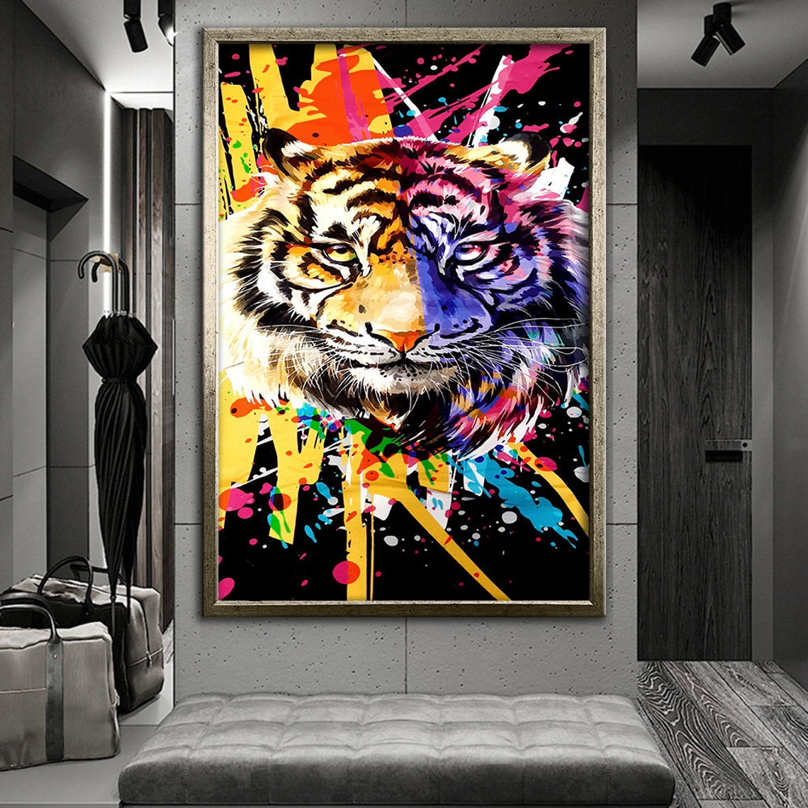 Majestic Tiger Face Half Colorful Neon Graffiti Street Art Poster - Image 3
