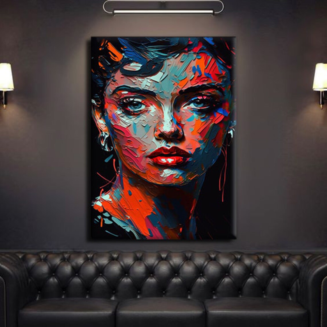 Woman Face Impasto Palette Knife Red Blue Modern Portrait Art Print - Image 2