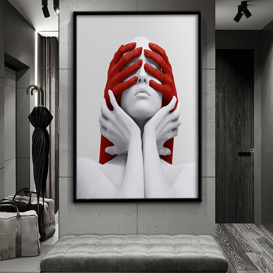 White Woman Face With Red Hands Over Eyes Surreal Red White Art Poster - Image 4