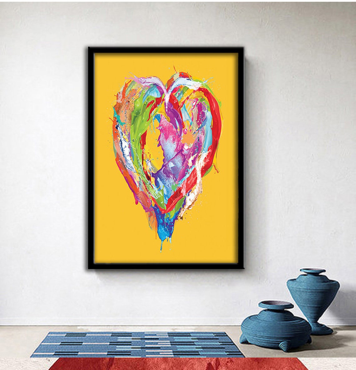 Colorful Abstract Paint Stroke Heart On Yellow Background Wall Art - Image 3