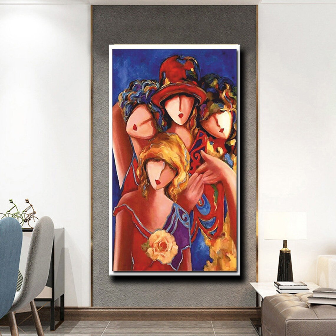 Four Women Embrace Colorful Dresses Joyful Friendship Art Print - Image 2