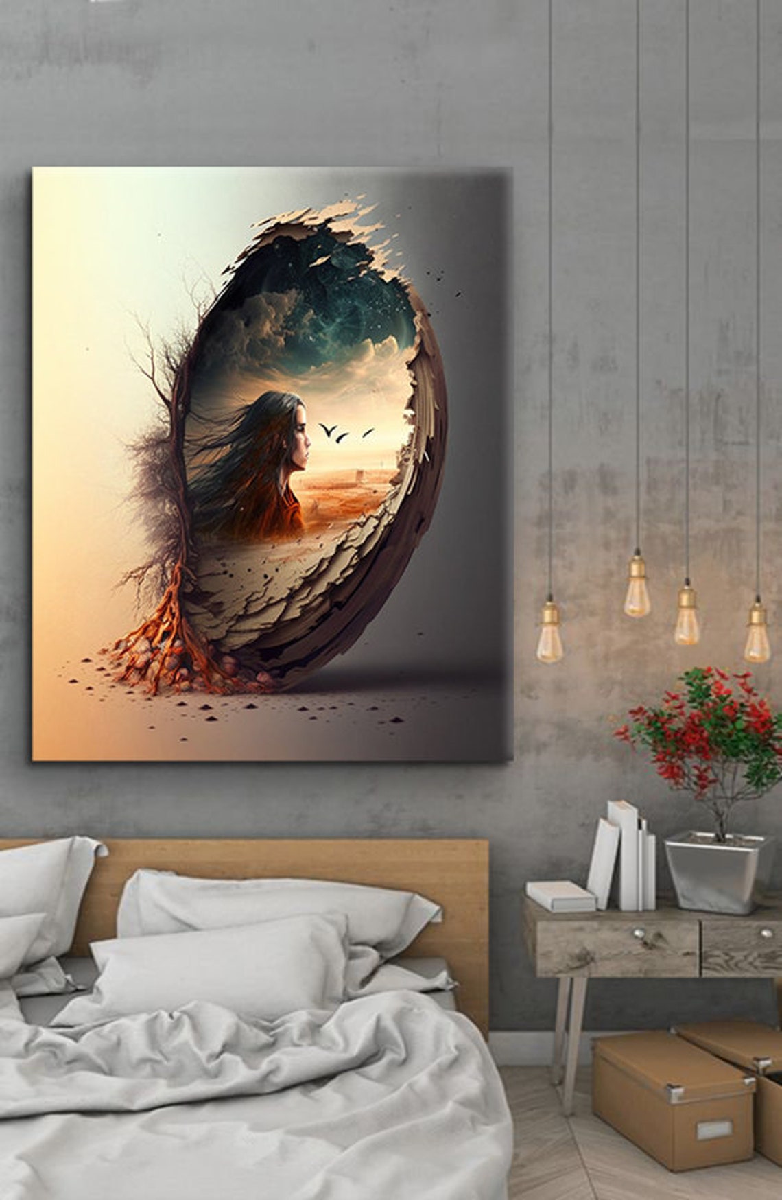 Surreal Woman Profile Cracked Eggshell Desert Dream World Art Print - Image 3