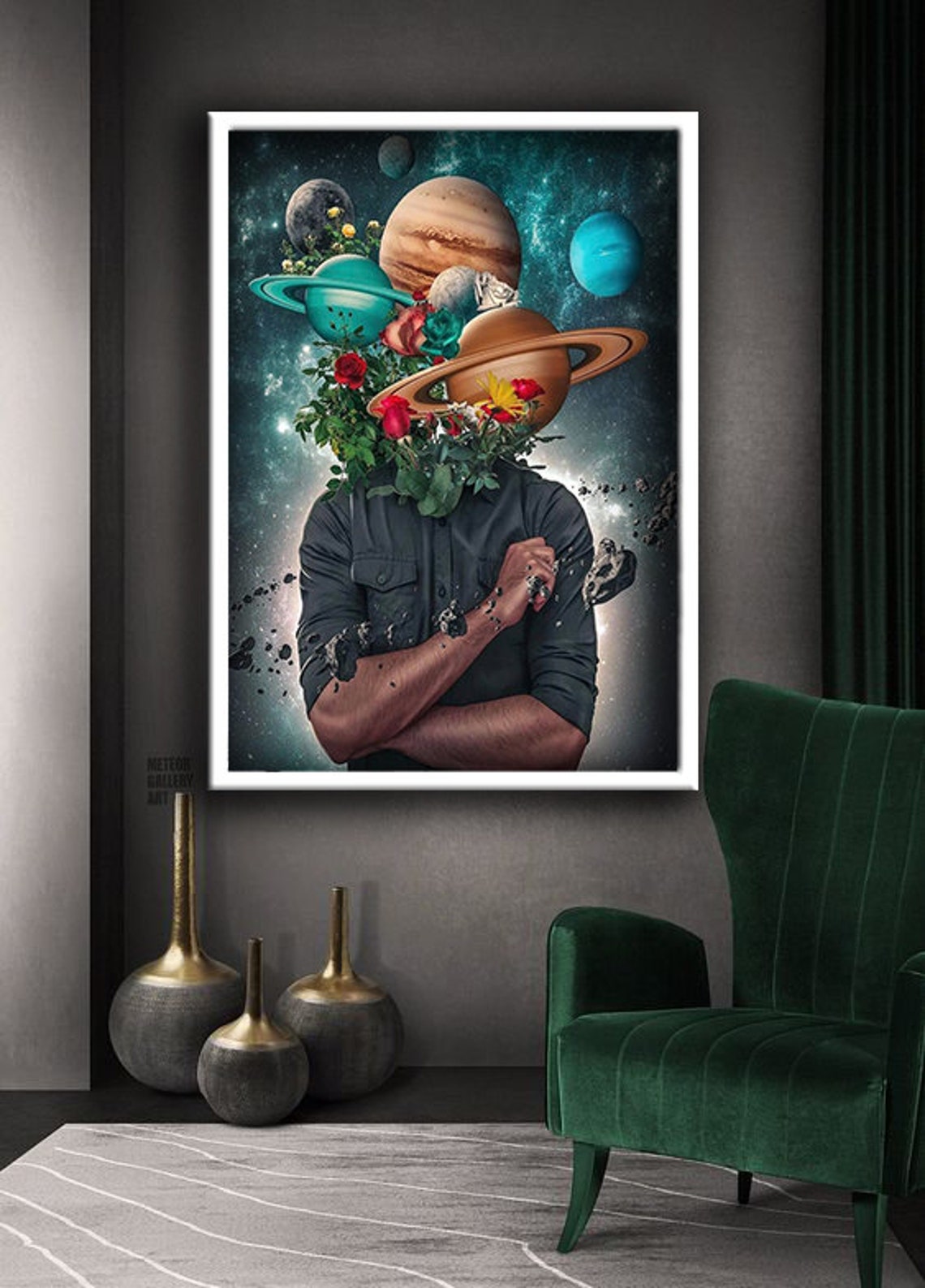 Man With Planets Flower Head Surreal Space Galaxy Collage Art Poster - Image 3