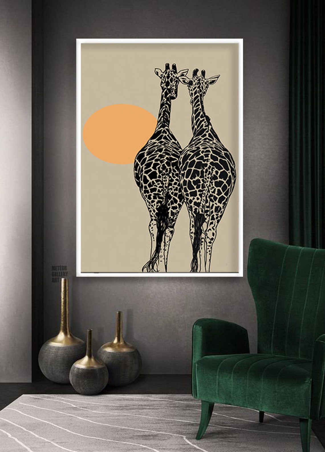 Two Giraffes Minimalist Line Art Orange Sun Boho Animal Wall Poster - Image 2