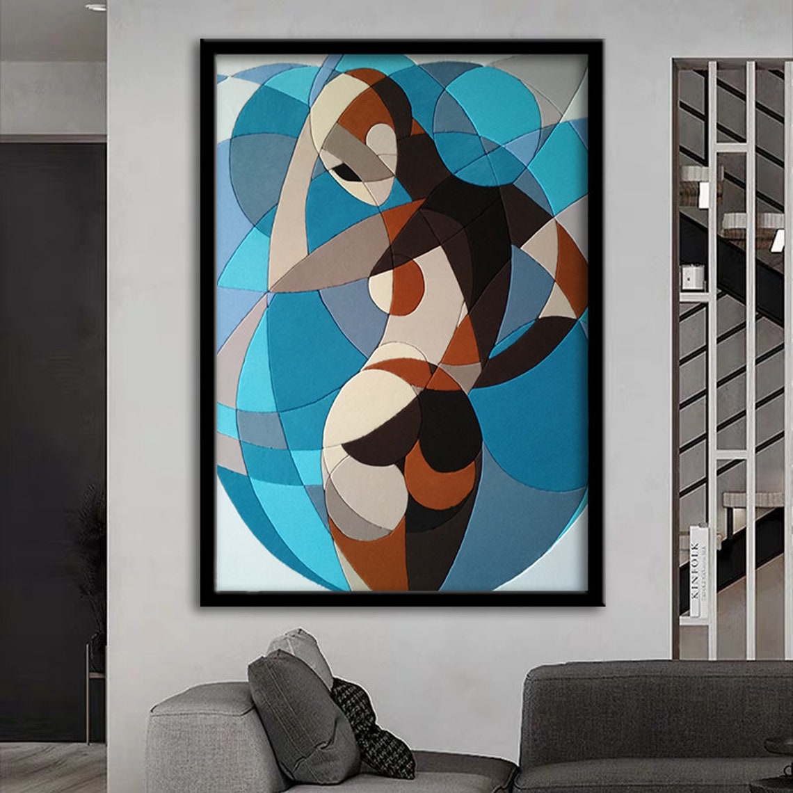 Geometric Abstract Nude Woman Blue Circles Modern Art Poster - Image 2