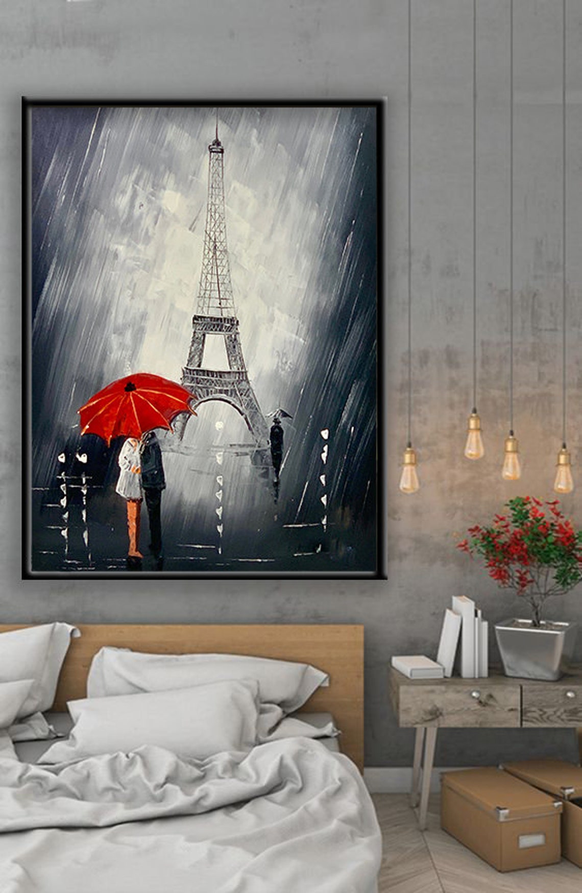 Eiffel Tower Rain Red Umbrella Lovers Romantic Paris Night Poster - Image 4
