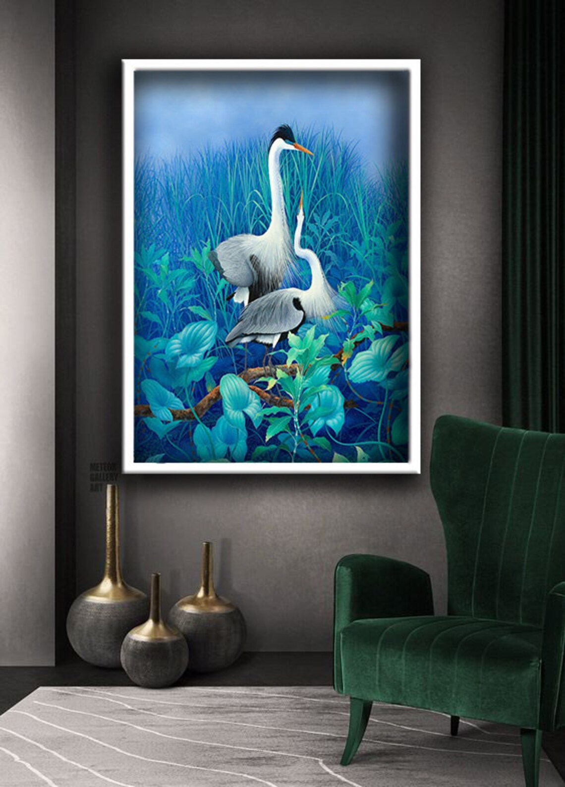 Elegant Grey Herons In Blue Marsh Lotus Flowers Wildlife Art Poster - Image 4