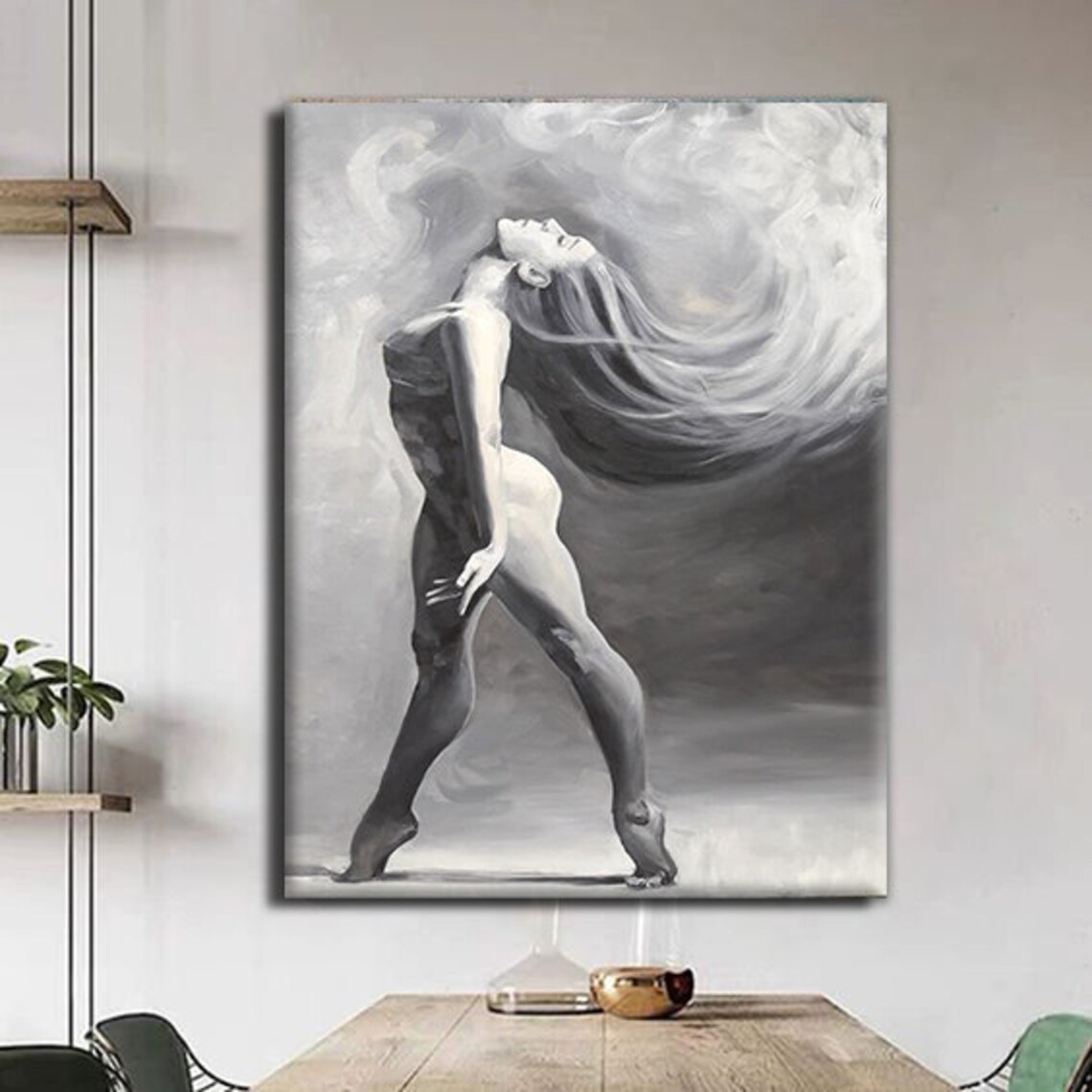 Black And White Nude Woman Dancing Flowing Hair Monochrome Art Painting Poster - Image 3