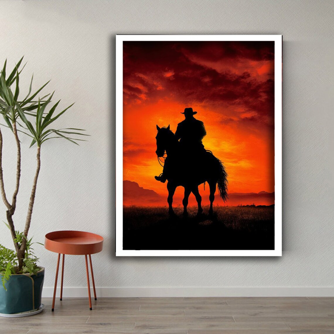 Cowboy On Horseback Silhouette Fiery Red Sunset Western Art Poster - Image 2