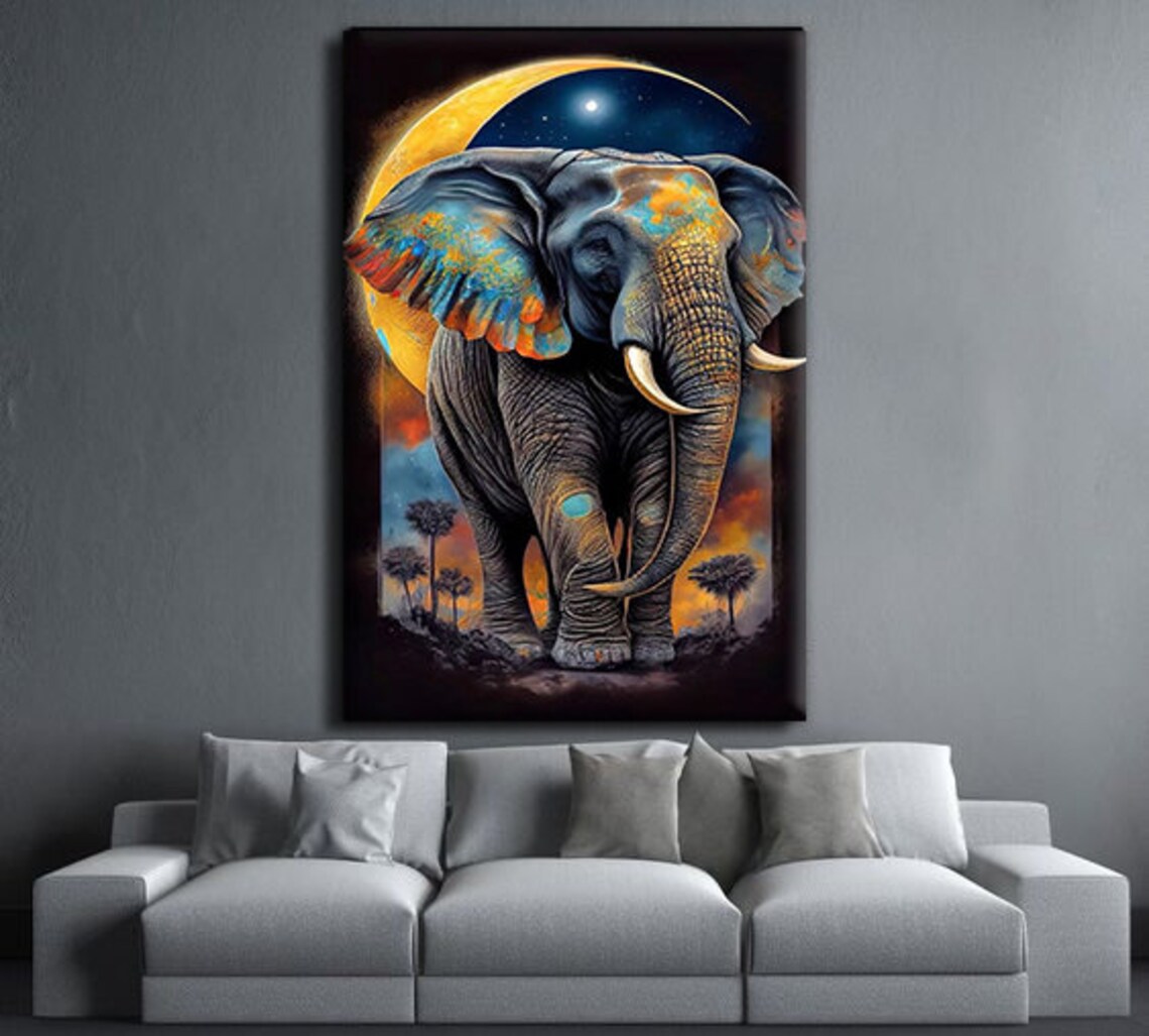 African Elephant Golden Crescent Moon Sunset Colorful Safari Wildlife Art Poster - Image 3