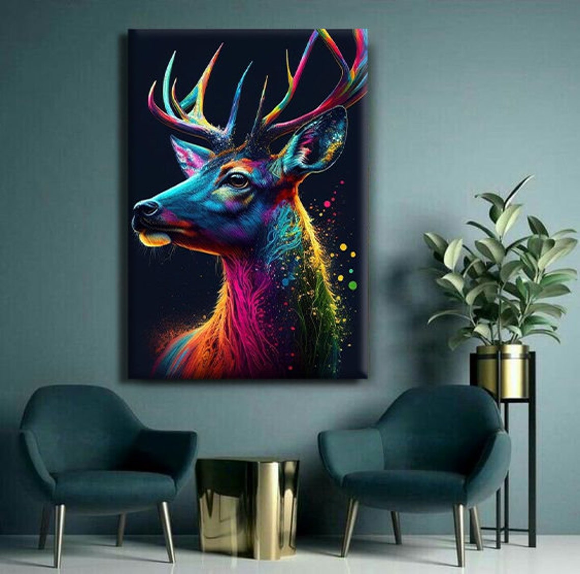 Neon Rainbow Deer Stag Profile Dark Background Animal Wall Art Print - Image 2