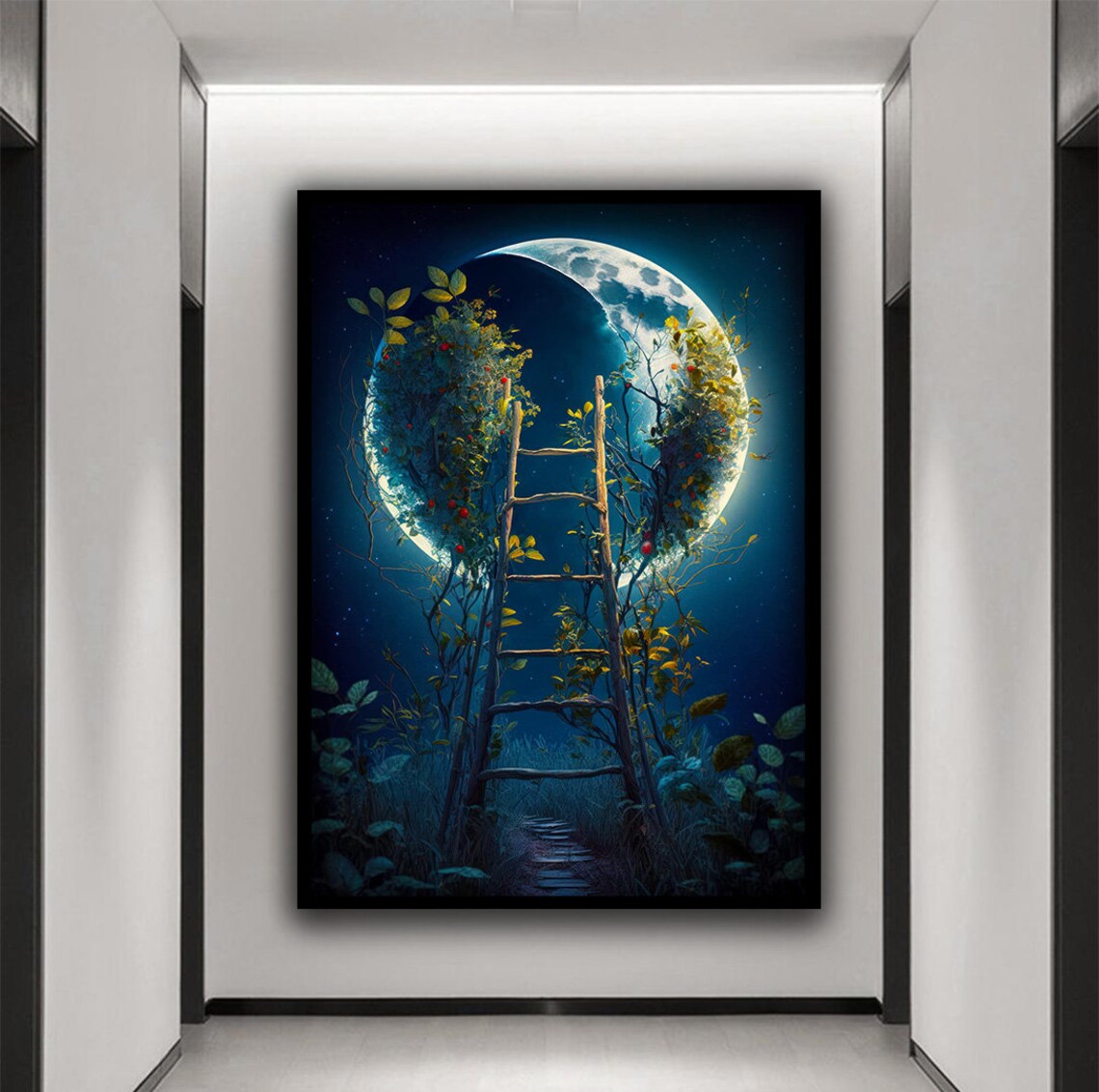 Ladder Reaching To The Moon Night Sky Vines Dreamlike Fantasy Poster - Image 2