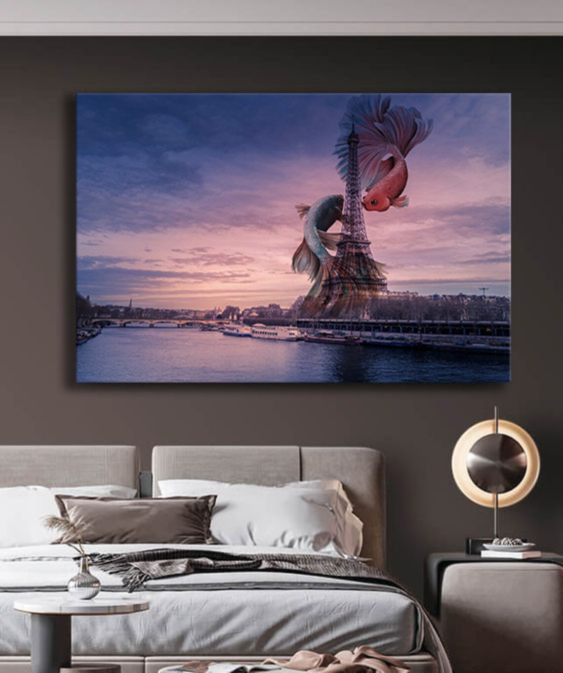 Eiffel Tower And Coi Fish Surreal Wall Decor Wall Art Eyfel Print Ready To Hang Wall Print Design Painting - Image 3