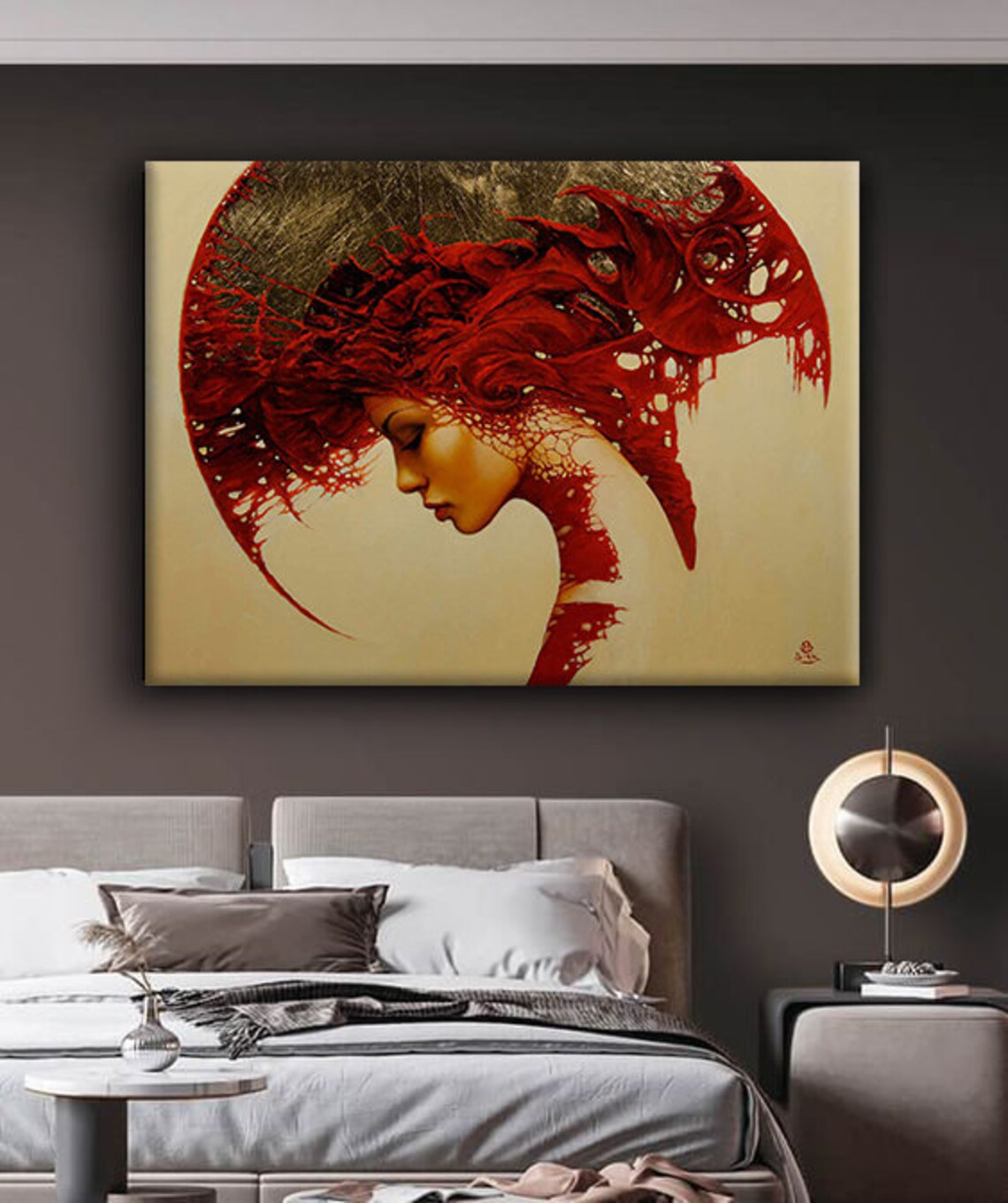 Red Haired Woman Profile Gold Moon Surreal Portrait Painting Poster - Image 2