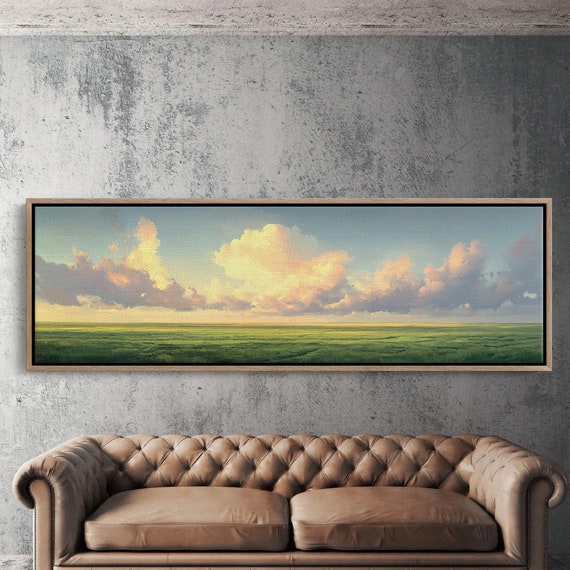 Expansive Cloudscape Over Green Fields Wall Art Pastel Sunset Sky With Beautifully Detailed Clouds Nature Inspired Home Decor