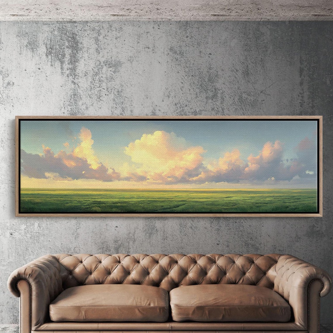 Expansive Cloudscape Green Fields Pastel Sunset Sky Serene Poster