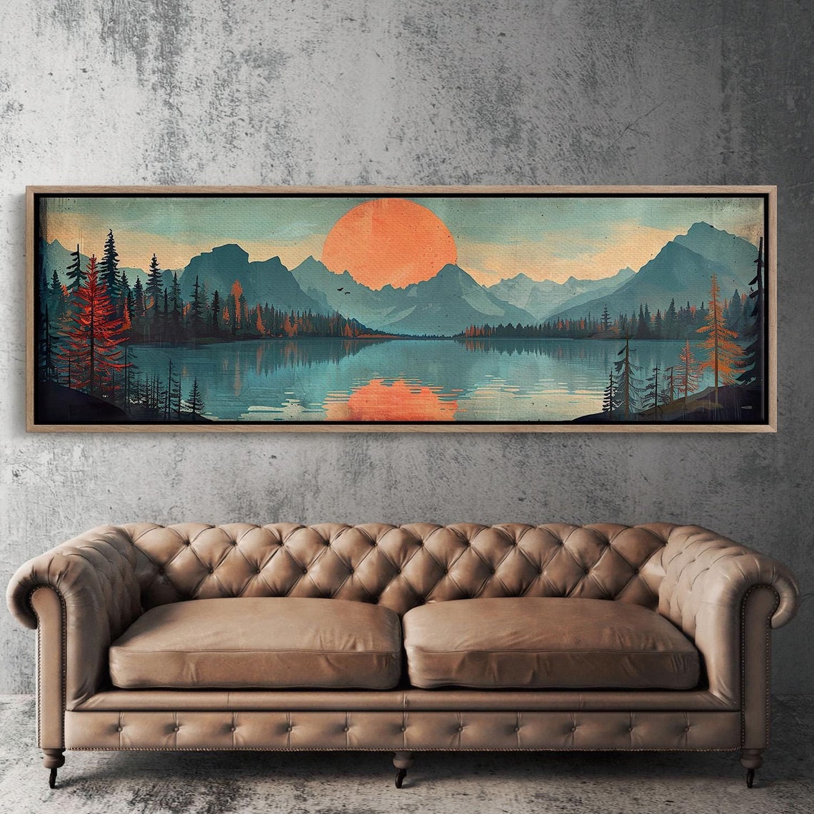 Orange Sun Panoramic Mountain Lake Sunset Mid Century Wall Art