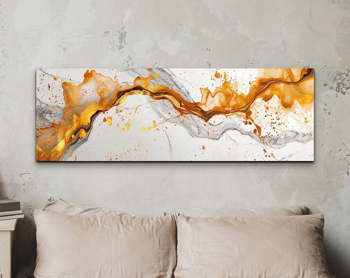Abstract Gold and Gray Fluid Ink Swirls Panoramic Modern Poster