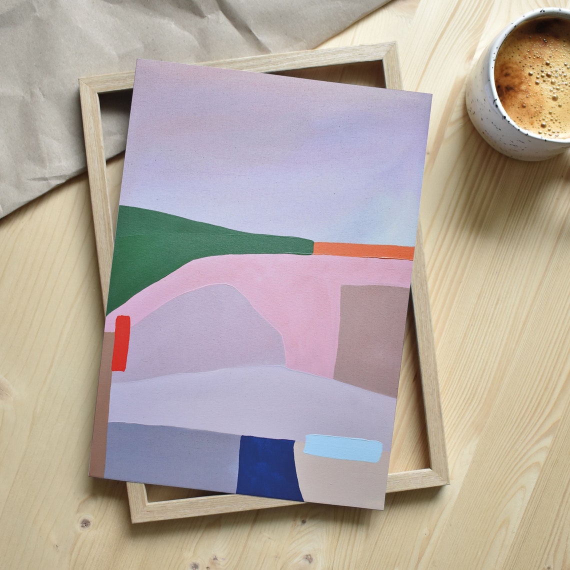 Pastel Green Pink Lavender Abstract Hills Landscape Wall Art - Image 2