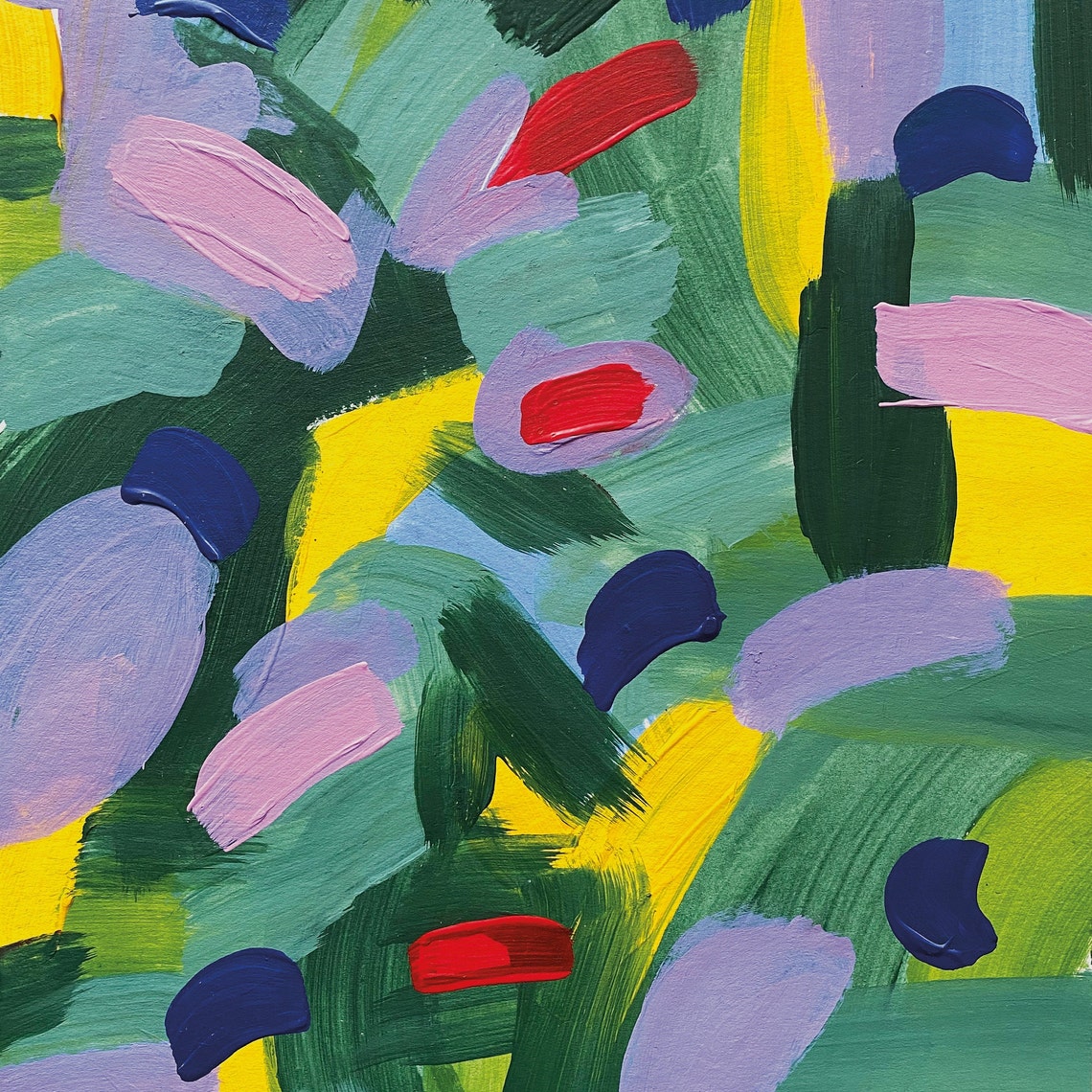 Green Yellow Pink Colorful Abstract Wildflower Field Wall Art - Image 2