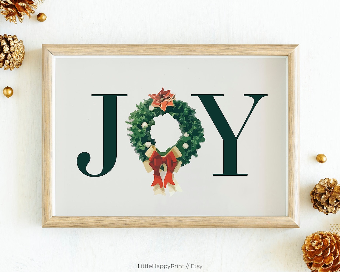 Joy Christmas Wreath Watercolor Poinsettia Bow Holiday Wall Art
