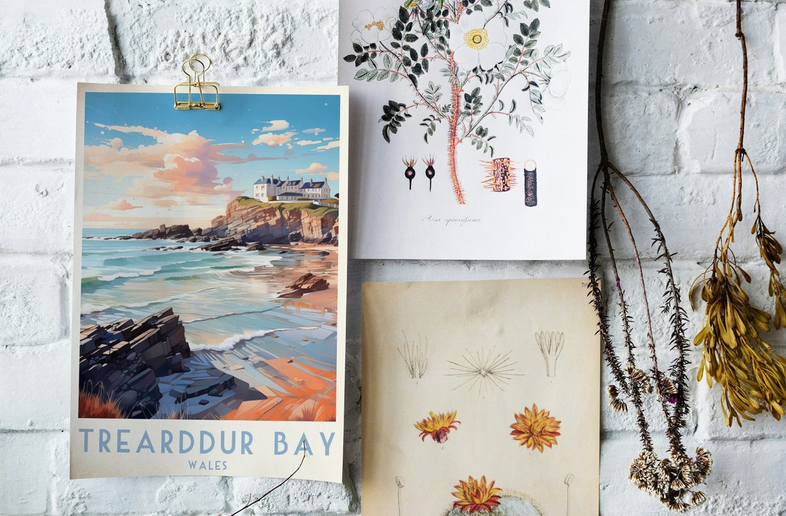 Trearddur Bay Wales White Cliffside Houses Beach Travel Poster - Image 3