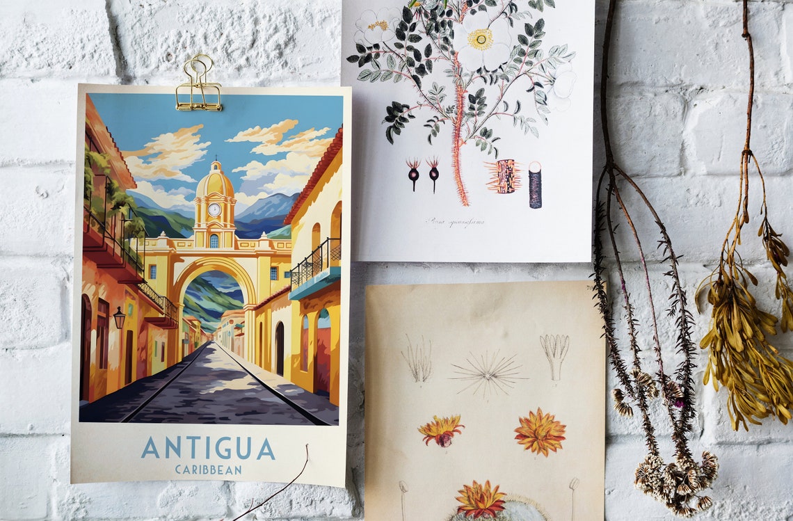 Antigua Caribbean Yellow Arch Colonial Street Vintage Travel Poster - Image 4