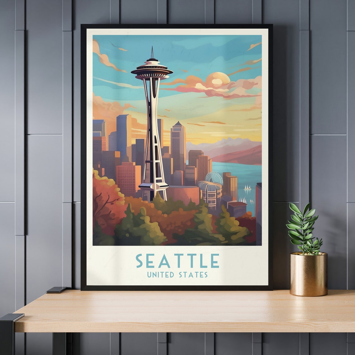 Seattle Space Needle Skyline Sunset Vintage Washington Travel Poster - Image 3