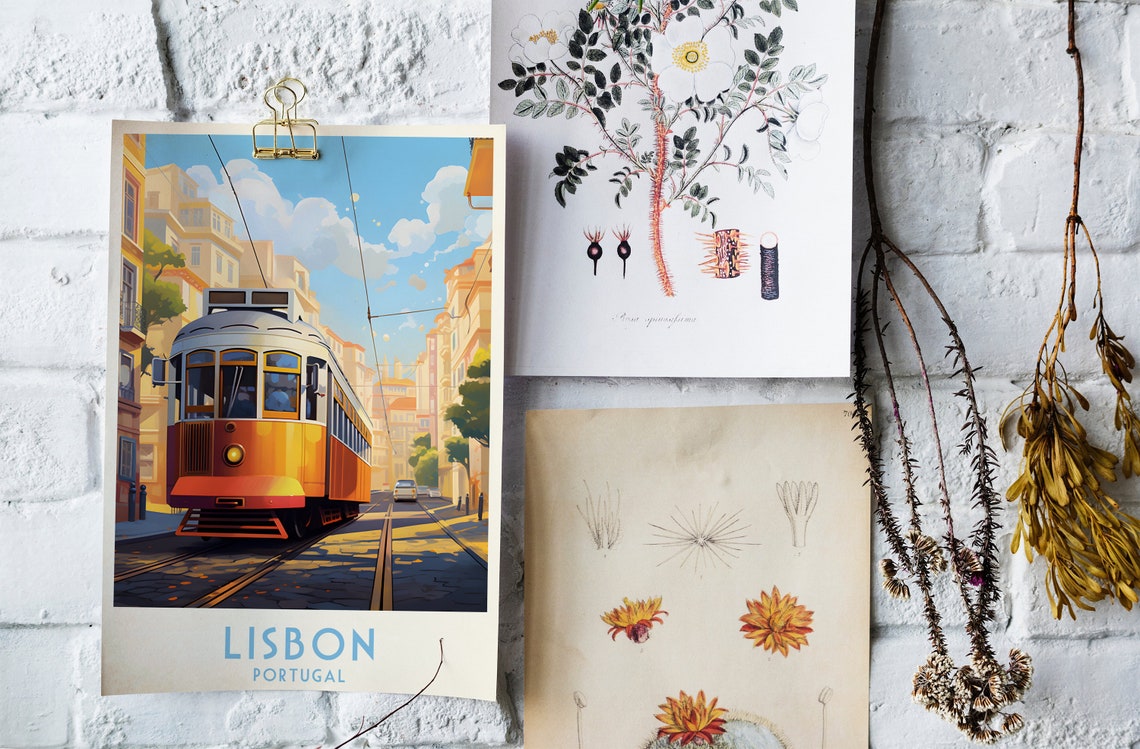 Lisbon Portugal Vintage Yellow Tram Cobblestone Street Travel Poster - Image 4
