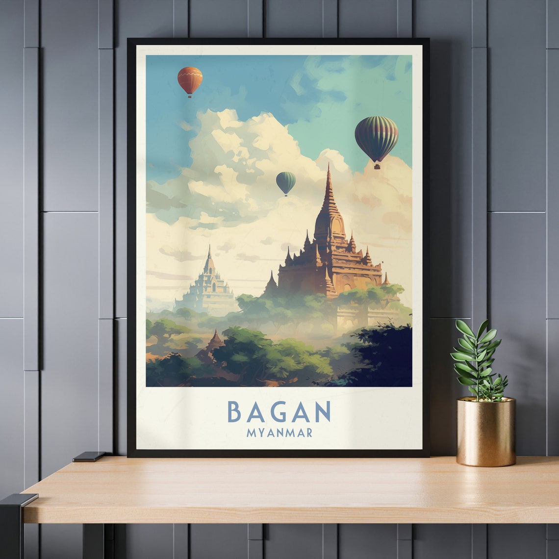 Bagan Myanmar Golden Ancient Temples With Hot Air Balloons Poster - Image 3